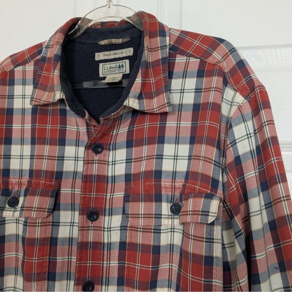 LL Bean Shacket Mens Size Medium Blue Cotton Plaid Fleece Lined Traditional Fit - Picture 2 of 13